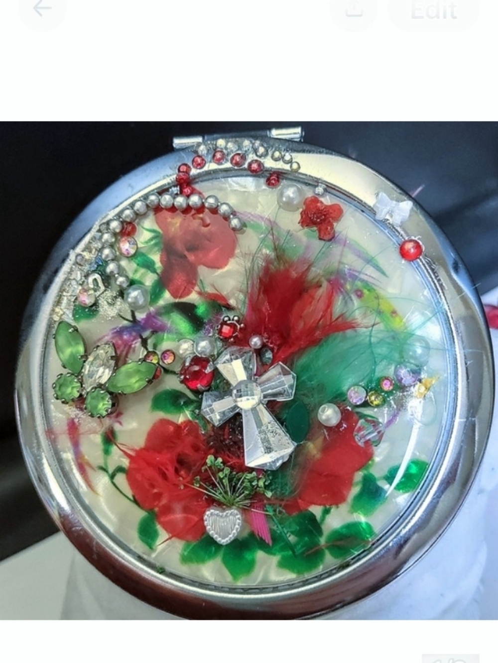 Compact Mirror Pearlized Heavenly Floral Garden Embellished Crystal & Butterfly